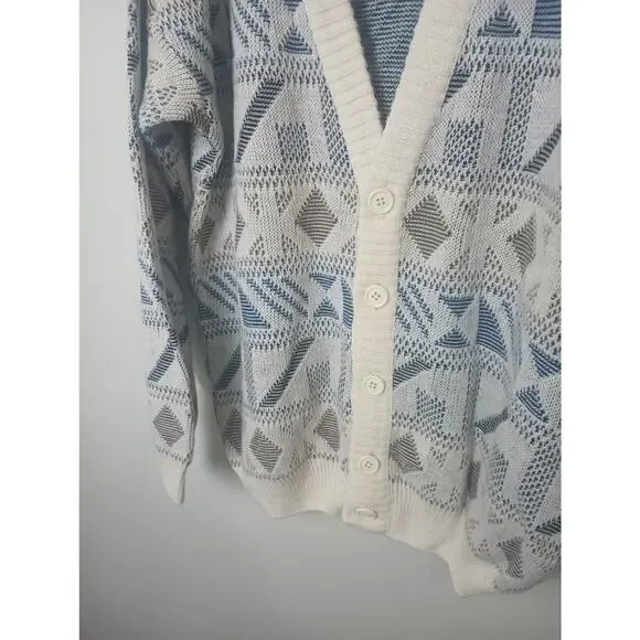 Vintage 3D Men's Sweater Cardigan Made in Italy Wool Size Large Blue Tan Cream